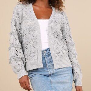Lulus Cutest Coziness Grey Textured Balloon Sleeve Cardigan Sweater - Size S
